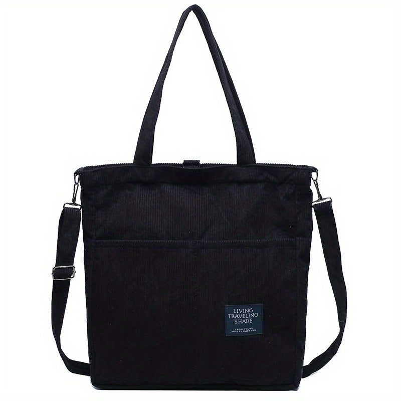Corduroy Tote Bag with Letter Patch Decor Large Capacity Crossbody Bag