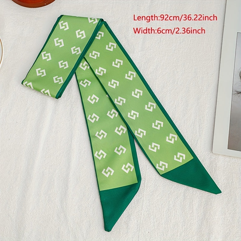 Green Geometric Print Skinny Satin Twilly Scarf Hair Ribbon Neckerchief