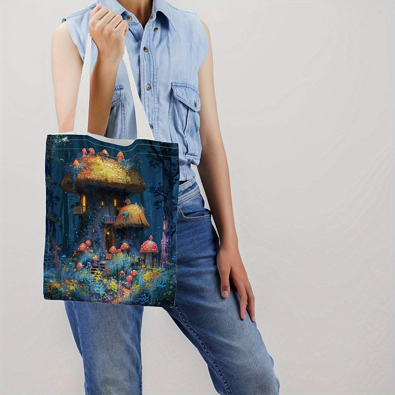 Mushroom House Pattern Tote Bag Durable Canvas Bag For Daily Commute