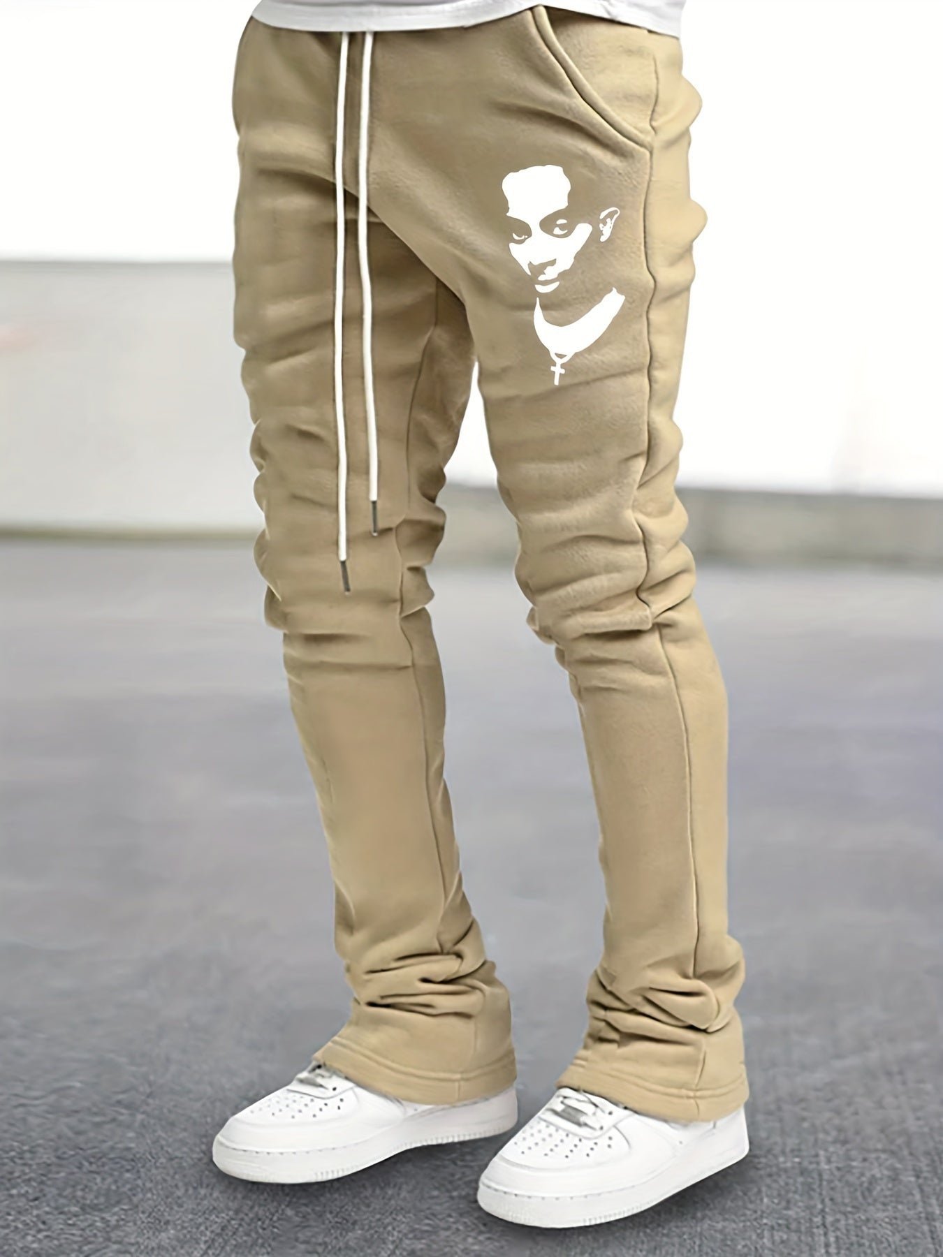 Men's Drawstring Bell bottom Pants Portray Pattern Casual Slim Pants
