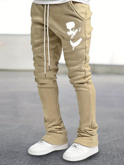 Men's Drawstring Bell bottom Pants Portray Pattern Casual Slim Pants