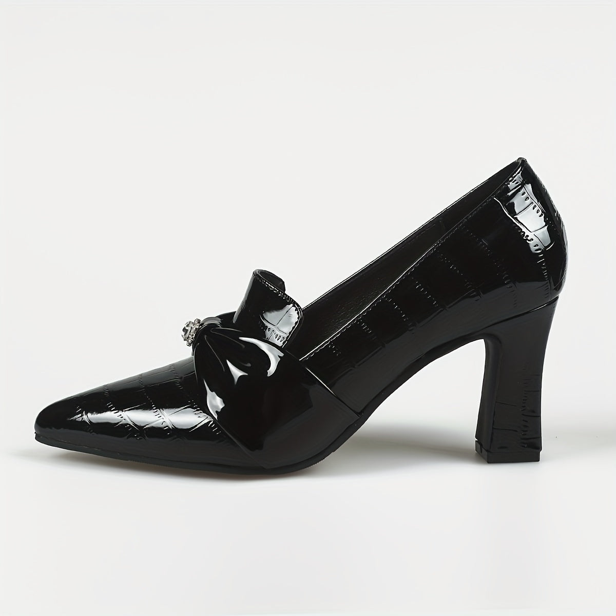 Women's Rhinestone Bowknot Slip On Point Toe Chunky Heel Shoes