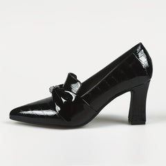 Women's Rhinestone Bowknot Slip On Point Toe Chunky Heel Shoes