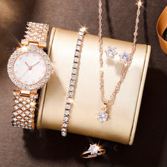 Kids Rhinestone Round Quartz Watch & 5pc Jewelry Set
