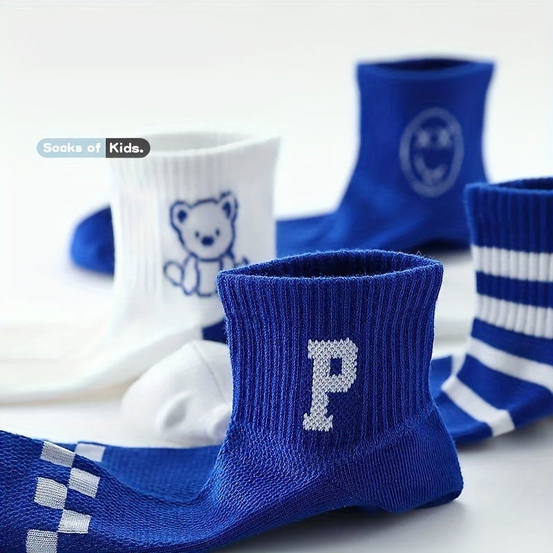 5Pairs Boys Cartoon Bear Smile Face Crew Socks for Spring Autumn Summer