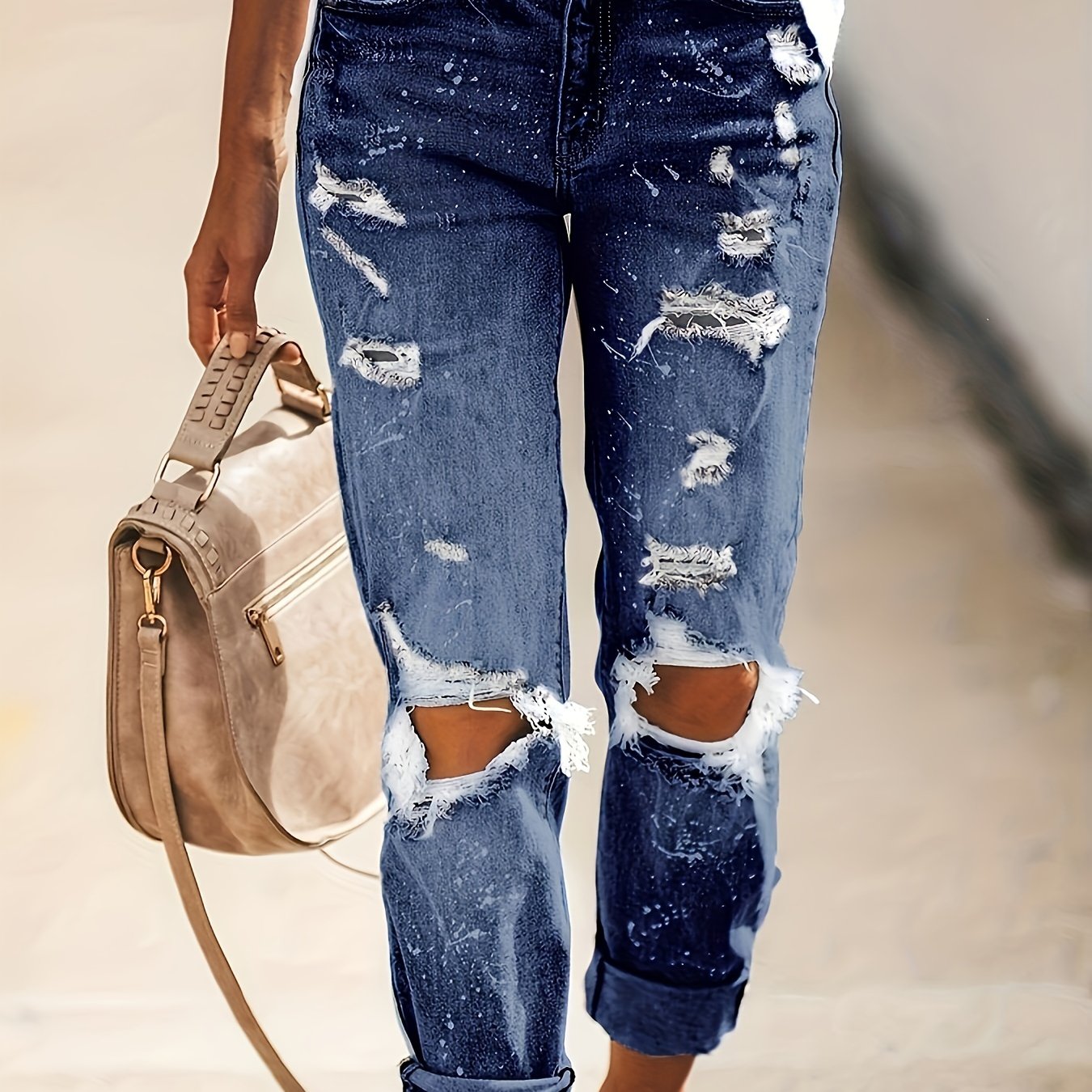 Distressed Straight Leg Jeans Button Fly Randomly Dot Printed Denim Pants