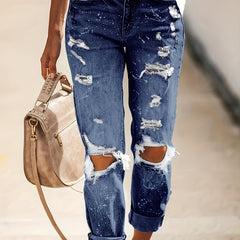 Distressed Straight Leg Jeans Button Fly Randomly Dot Printed Denim Pants