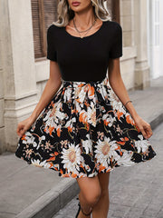 Floral Print Belted Dress Short Sleeve - Vacation Dress