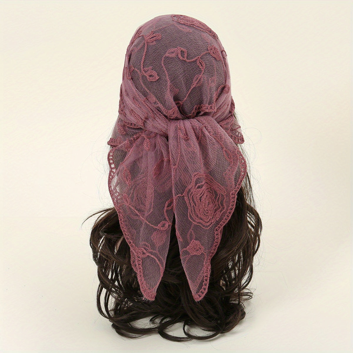 Rose Embroidery Gauze Square Scarf Lace Bandana Women Casual Head Wrap