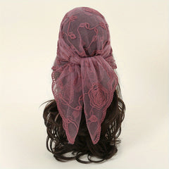 Rose Embroidery Gauze Square Scarf Lace Bandana Women Casual Head Wrap