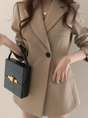 Solid Button Front Lapel Blazer Long Sleeve Pockets Blazer