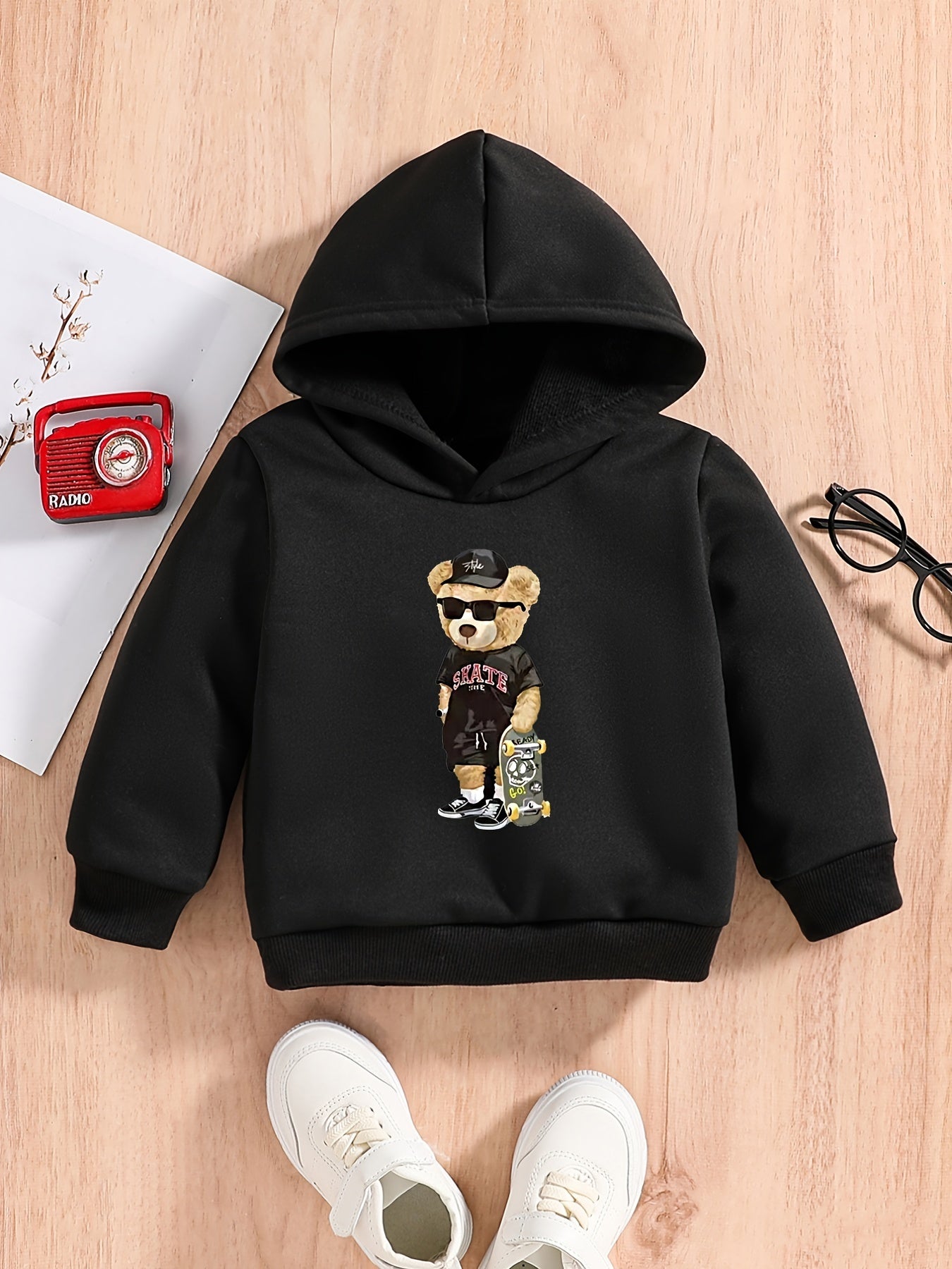 Bear And Skateboard Print Baby Boys Hooded Sweatshirt