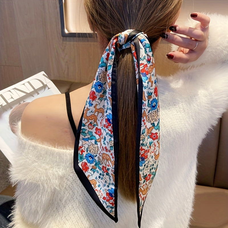 Green Floral Print Skinny Scarf Silk Hair Ribbon Satin Neckerchief Twilly Scarf