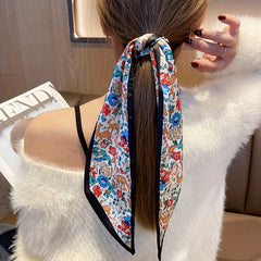 Green Floral Print Skinny Scarf Silk Hair Ribbon Satin Neckerchief Twilly Scarf