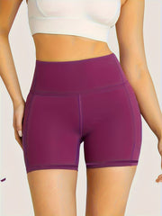 Solid Yoga Shorts With Pocket High Stretch Running Fitness Sports Shorts