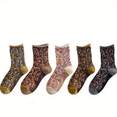 5 Pairs Floral Print Curling Socks Women's Mid Tube Stockings