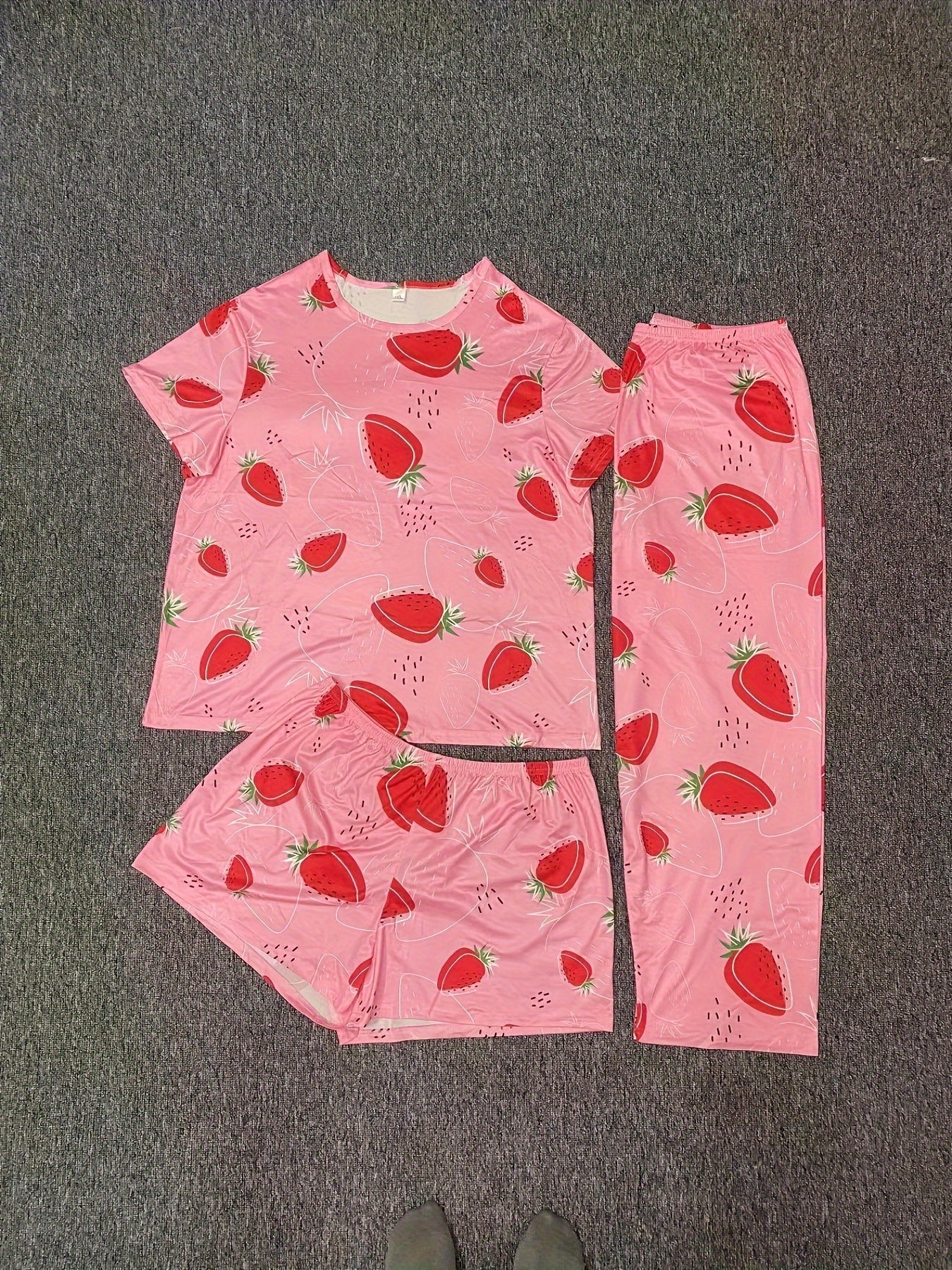Women's Plus Strawberry Print Pajamas Set 3 Piece