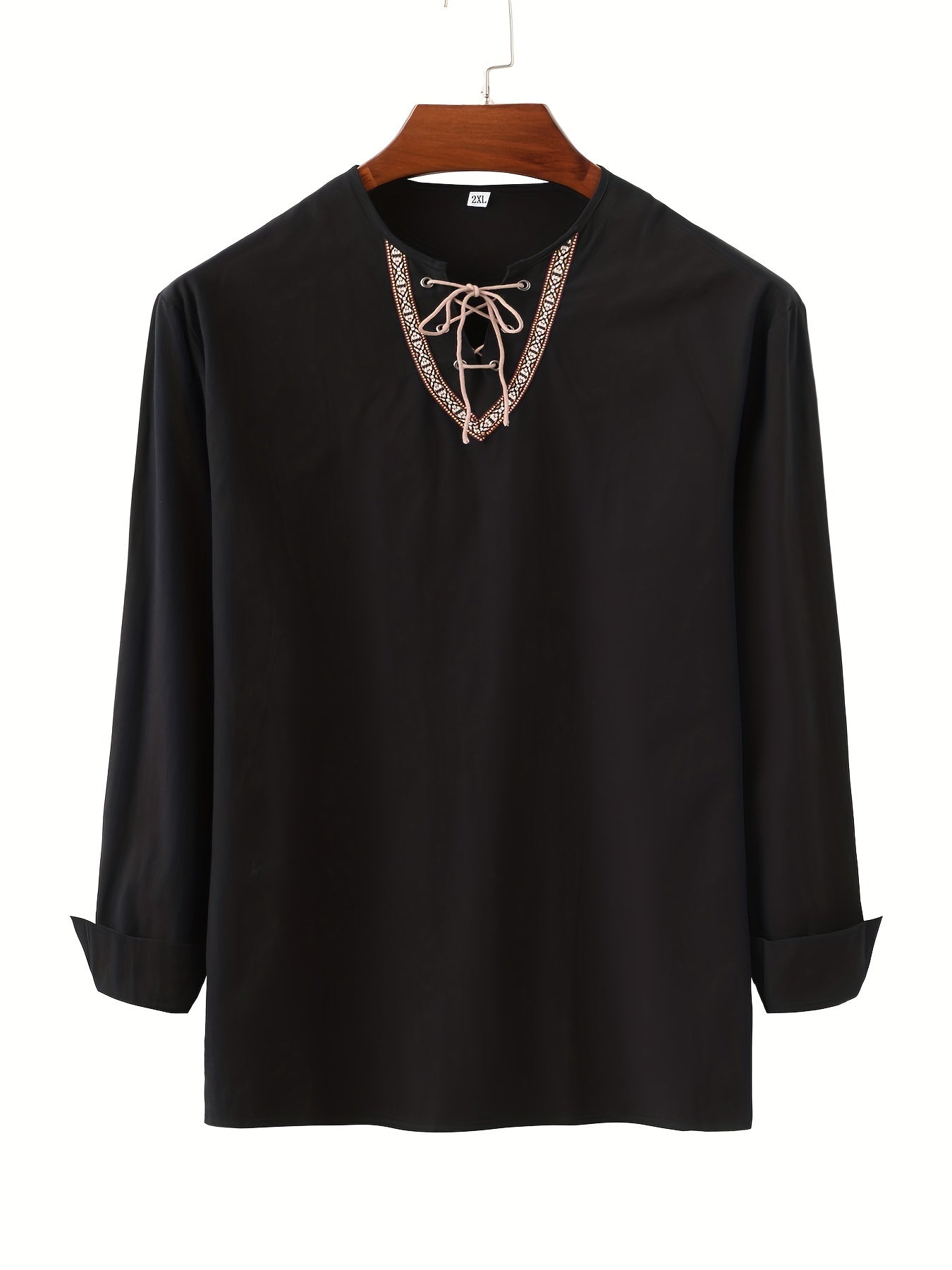 Men's Retro Casual Drawstring V Neck Long Sleeve Shirt