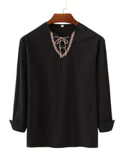 Men's Retro Casual Drawstring V Neck Long Sleeve Shirt