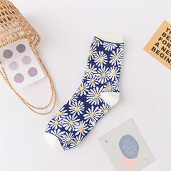 Floral Daisy Print Crew Socks Women's Stockings