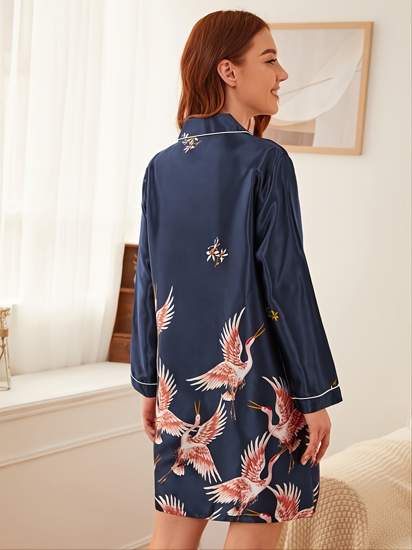 Women's Satin Collared Pocket Pajama Dress