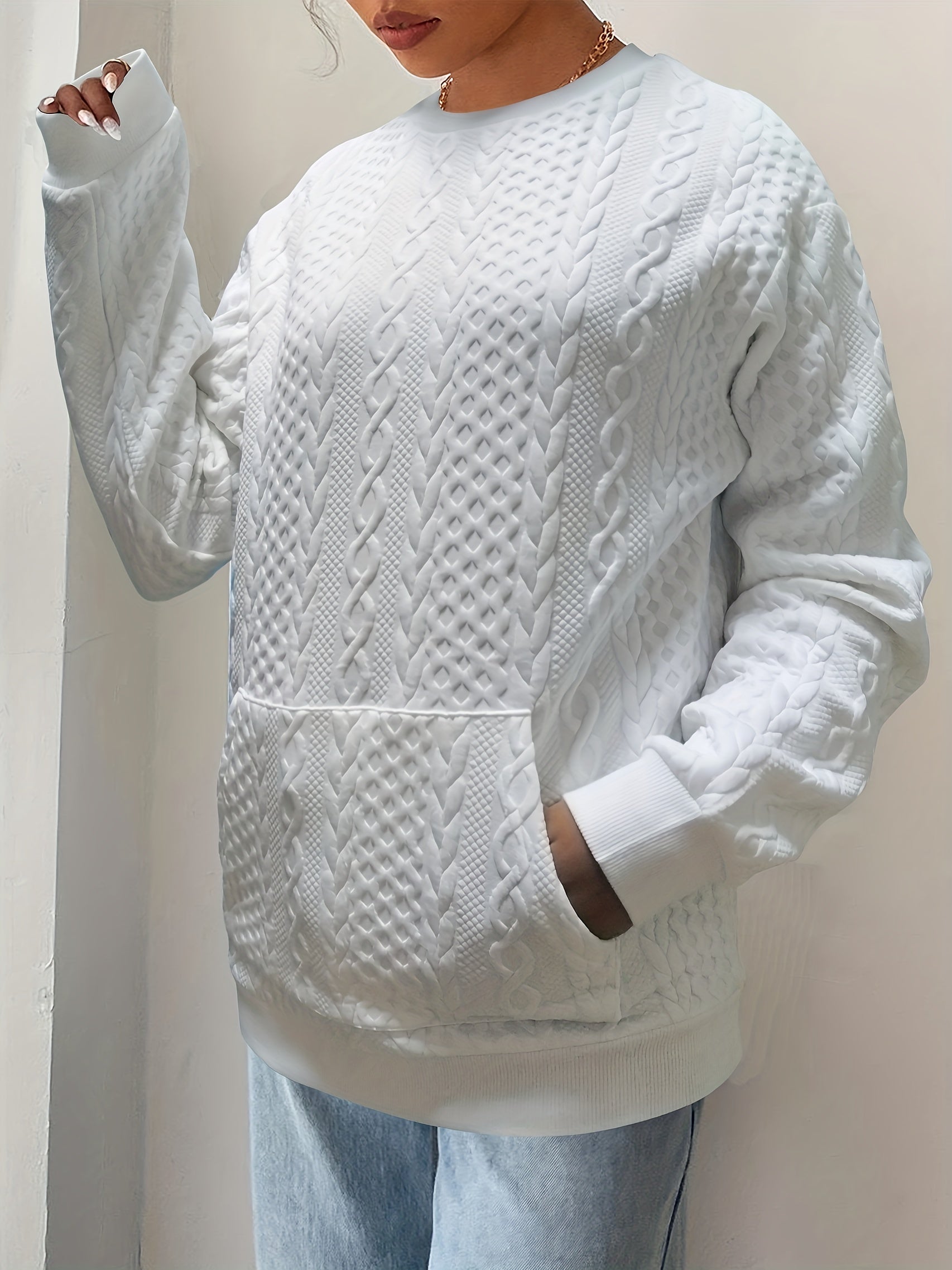 Twist Pattern Kangaroo Pocket Sweatshirt Crew Neck For Fall & Winter