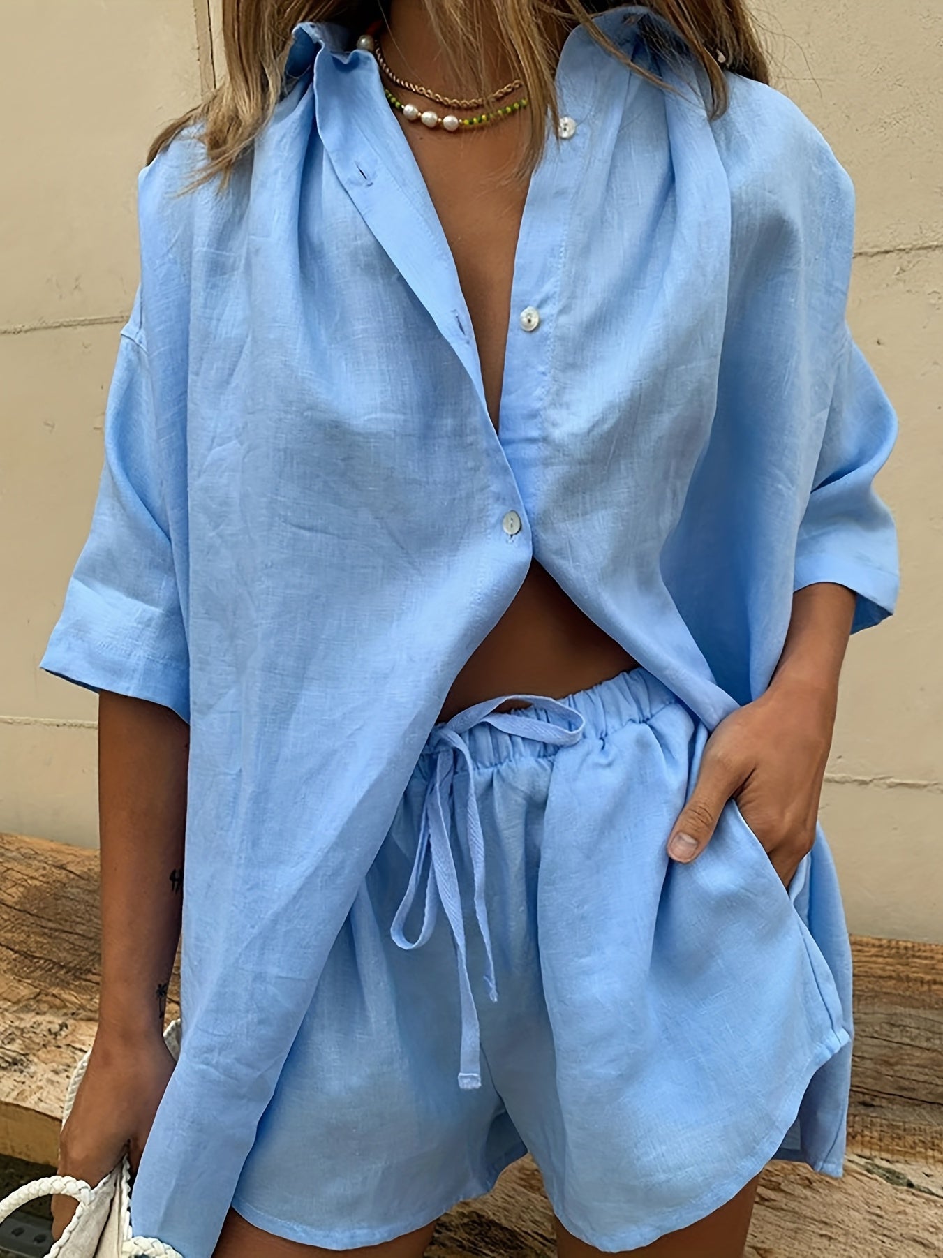 Casual Solid Two piece Shorts Set Shirt & Shorts Outfits Women's Clothing