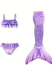 Girl's Mermaid Swimsuit 3pcs Bikini Set & Mermaid Tail Glitter Fish Scale Print