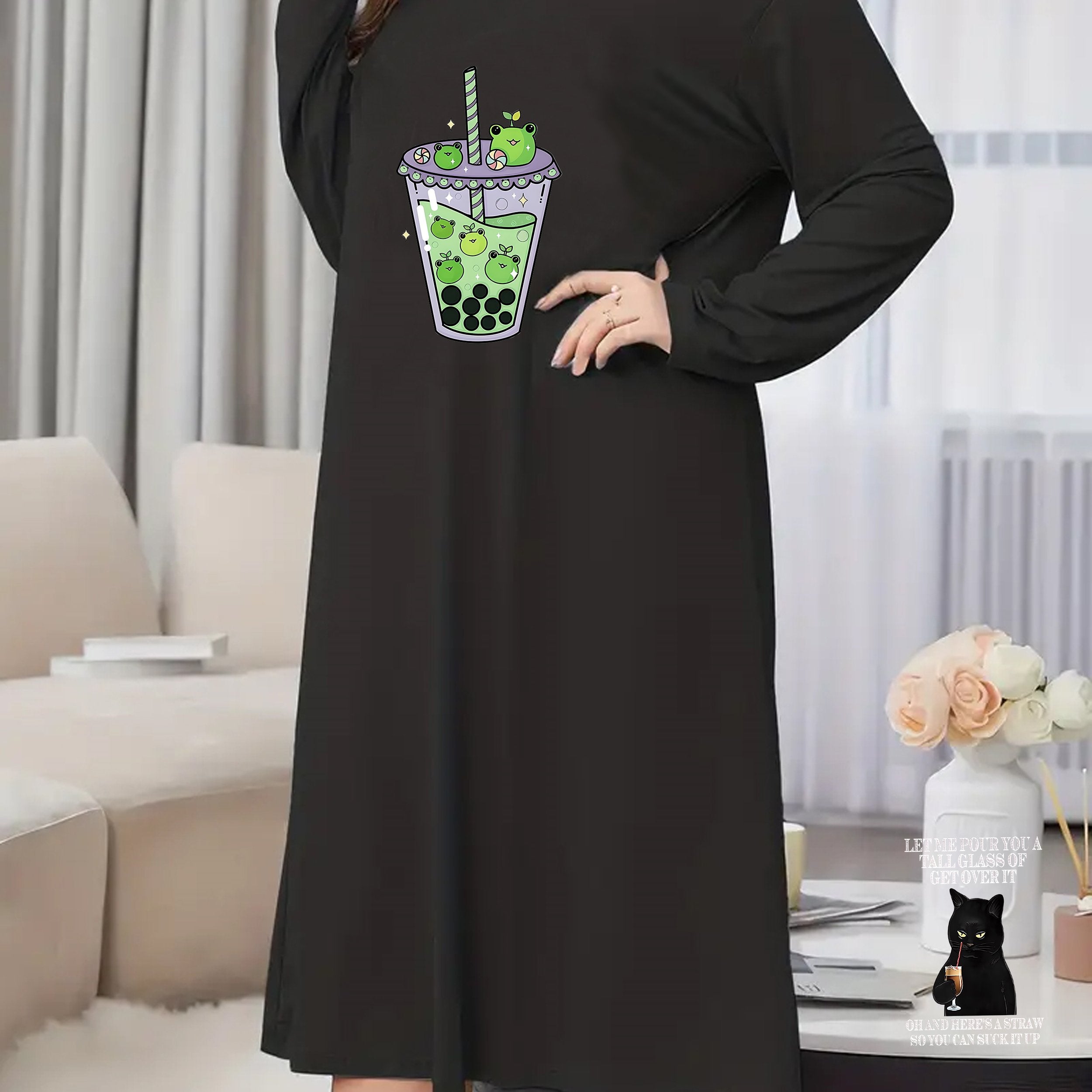 Frog Drinks Print Long Sleeve Tee Sleep Dress