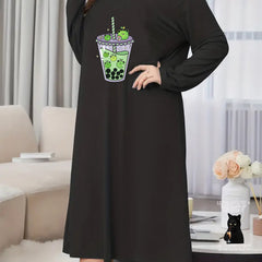 Frog Drinks Print Long Sleeve Tee Sleep Dress