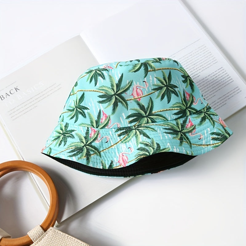 Flamingo Coconut Tree Bucket Hat Lake Cartoon Print Fisherman Cap