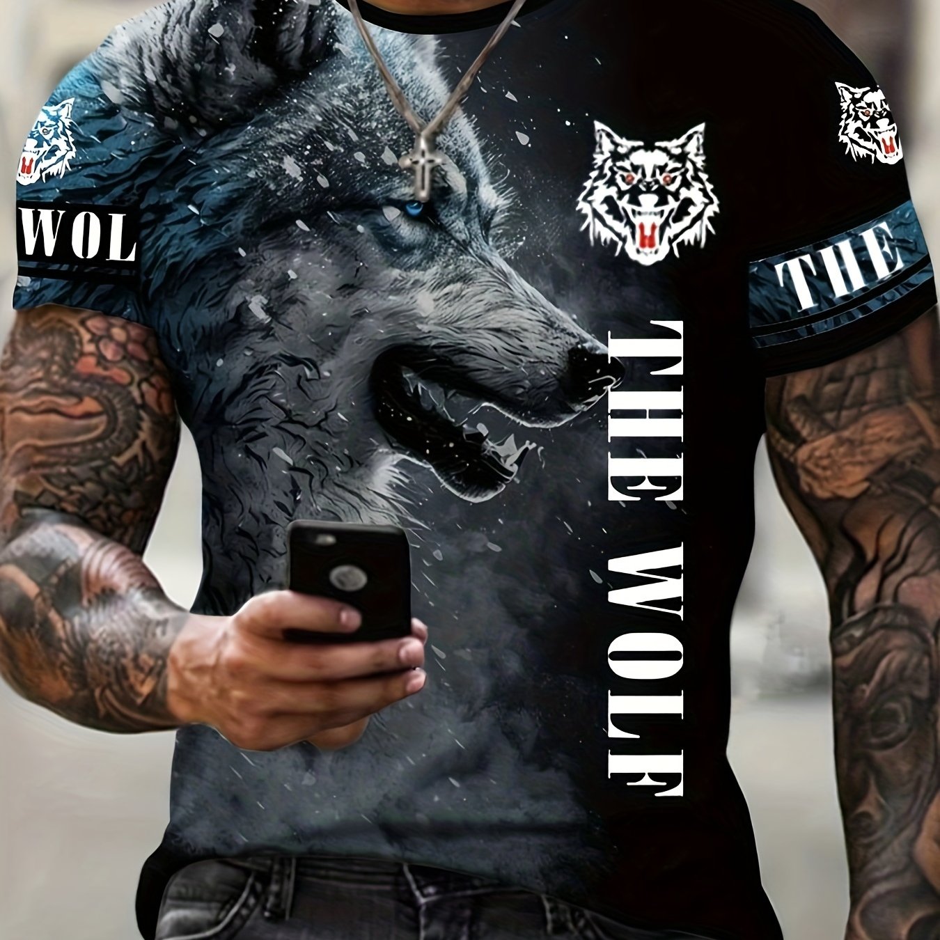 Dragon & Wolf Print Men's Crew Neck T-shirt for Summer