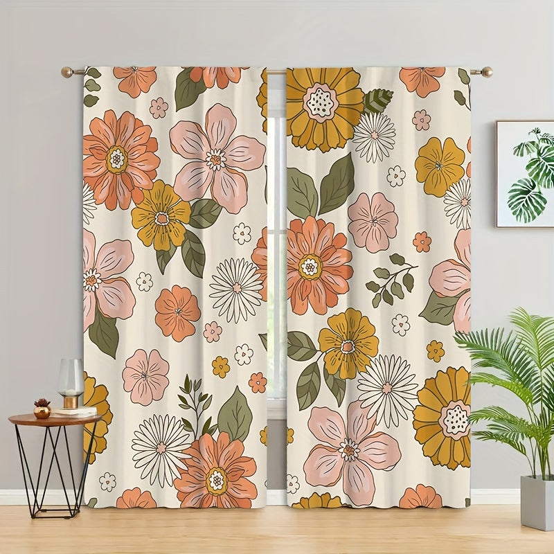 2pcs Romantic Flower Curtain Rod Pocket Window Curtains