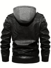 Men's PU Leather Hooded Jacket for Outdoor Cycling