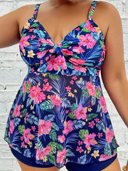Vacay Tankini Set Floral Print Ruched Tie Front Top & Shorts Swimsuit