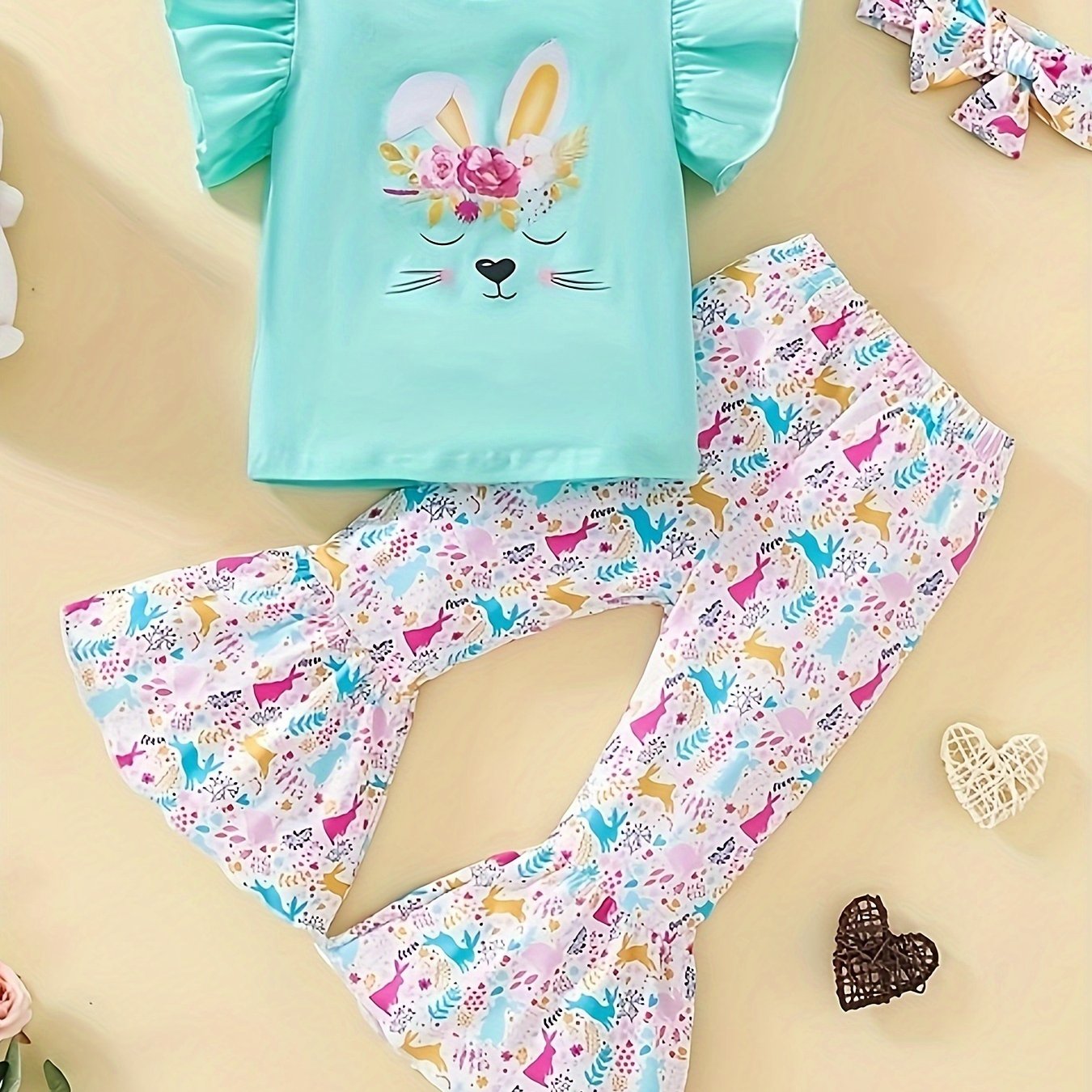 Girls Bunny Graphic 2pcs Outfits with Stripped Flare Pants