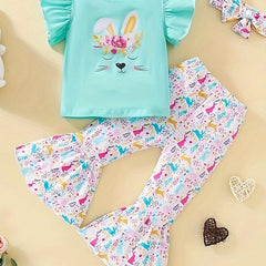 Girls Bunny Graphic 2pcs Outfits with Stripped Flare Pants