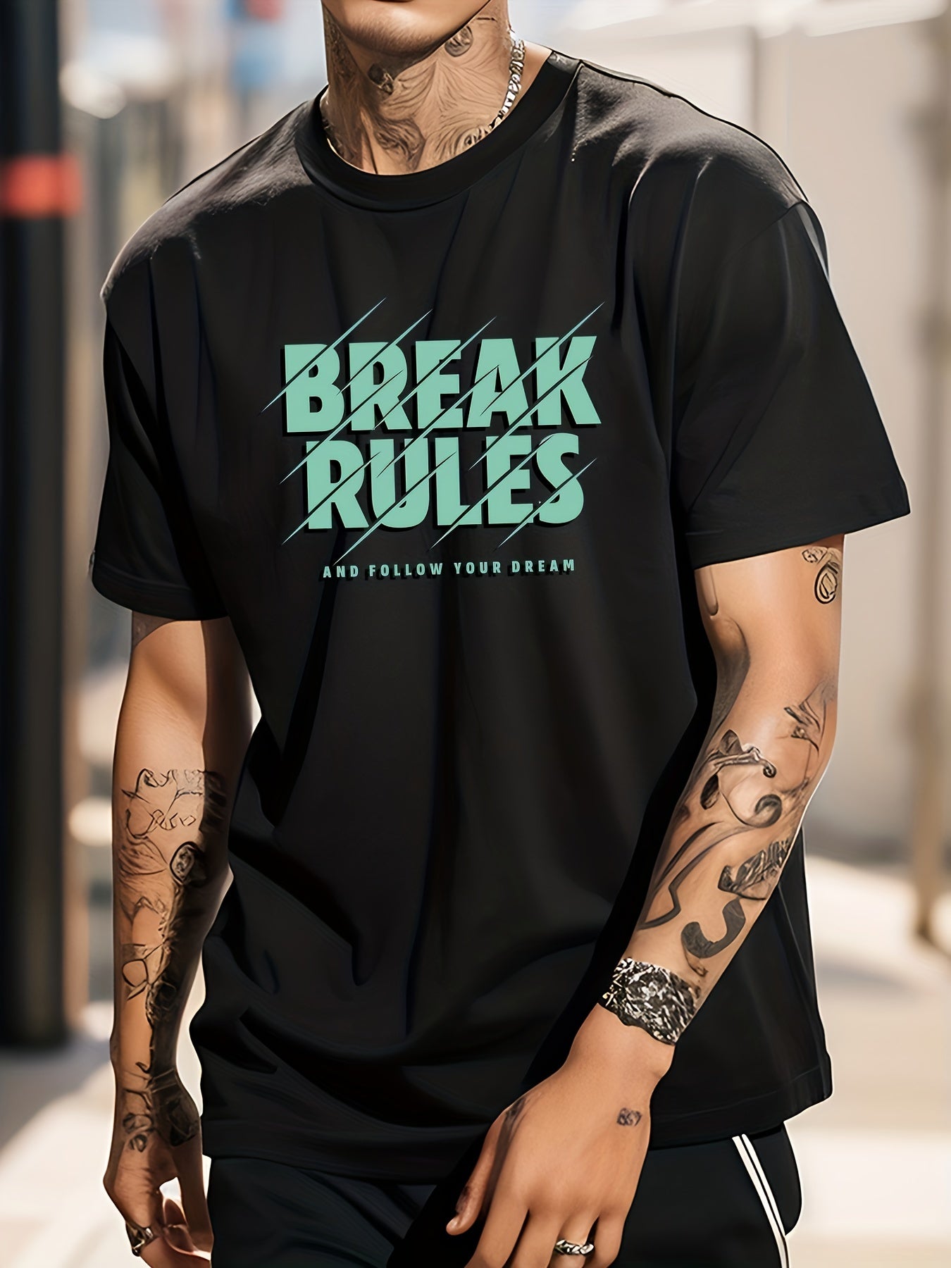 Solid Cotton BREAK RULES Print Men's Graphic Crew Neck T shirt