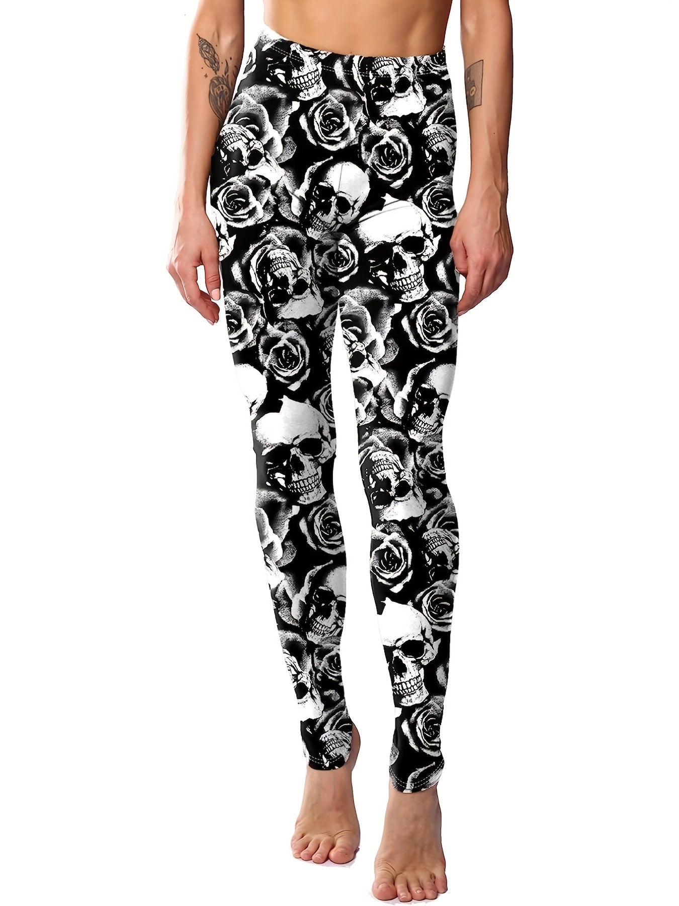 Floral & Skull Print Skinny Leggings Casual Every Stretchy Leggings