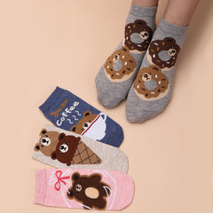 4 Pairs Cartoon Bear Crew Socks Lightweight & Comfy Women's Stockings