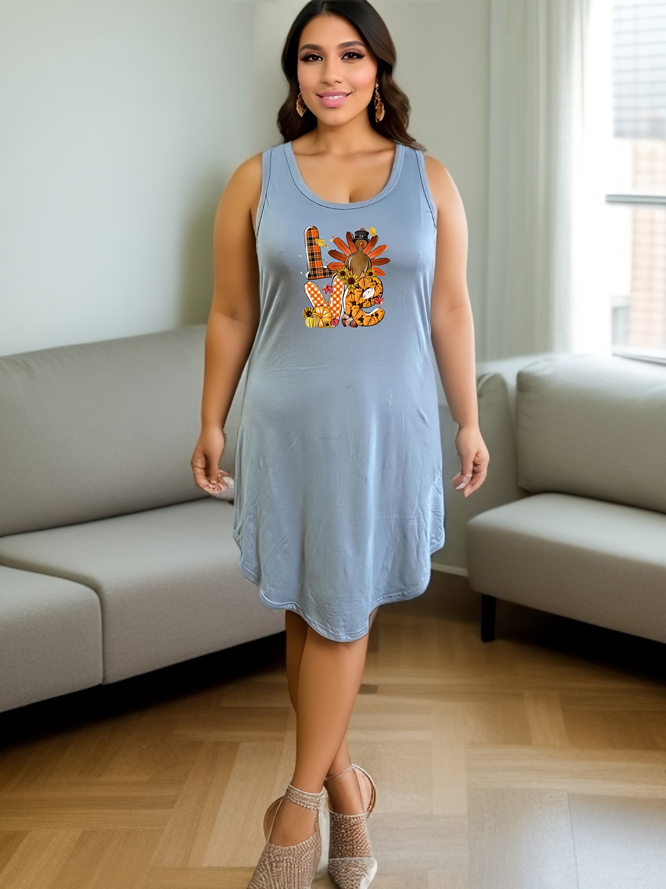 Plus Size Thanksgiving Loungewear Dress Women's Plus Turkey & Pumpkin Print Tank
