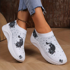 Cat Pattern Rhinestone Decor Breathable Running Shoes Lightweight Sneakers
