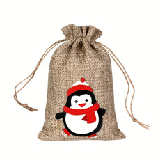 6pcs Christmas Candy Bags Set Drawstring Linen Bag for Holidays