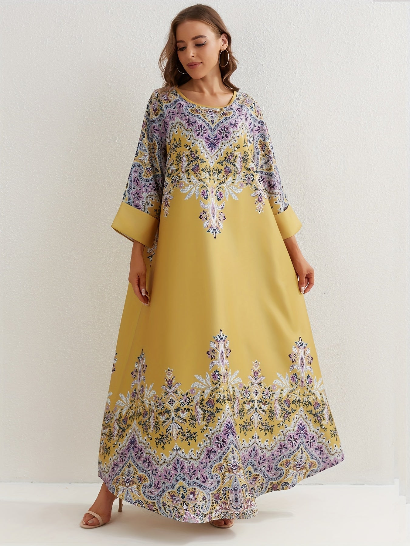 Floral Print Abaya Dress Women's Round Neck Loose Maxi Jalabiya