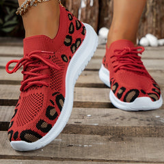 Leopard Printed Knit Sneakers Lace Up Round Toe Soft Sole Flatform Shoes