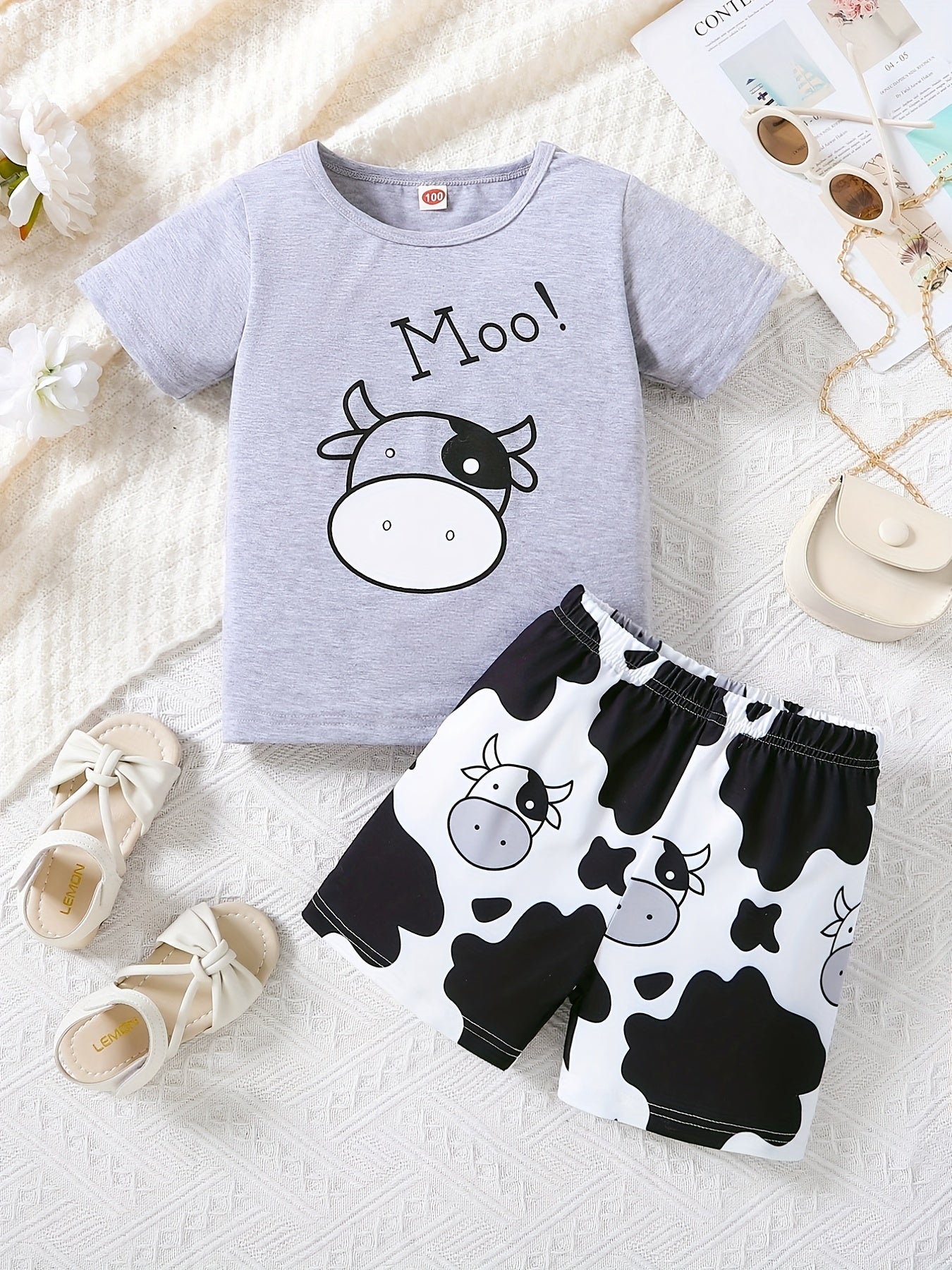 2pcs Girl's Sets Cow Print Shorts Suit Kids Summer Clothes