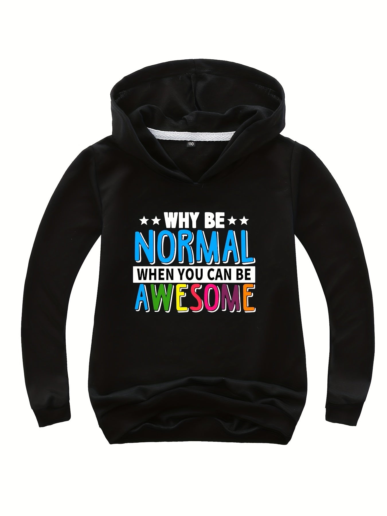 WHY BE NORMAL Letter Print Boys Casual Pullover Hooded Long Sleeve Sweatshirt