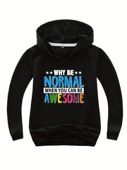 WHY BE NORMAL Letter Print Boys Casual Pullover Hooded Long Sleeve Sweatshirt