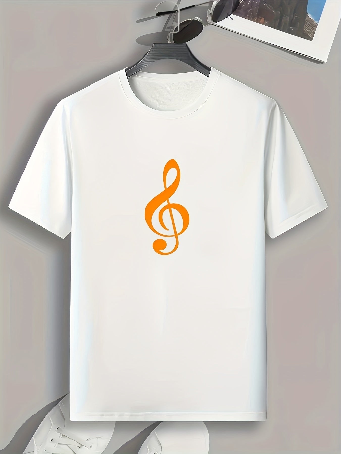 Music Note Print Men's Comfy T shirt Active Stretch Tee