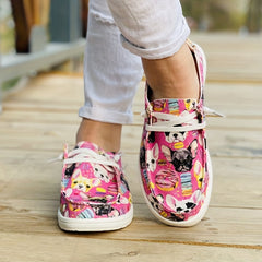 Women's Colorblock Dog Print Canvas Shoes Low Top Lace Up Round Toe Casual Shoes